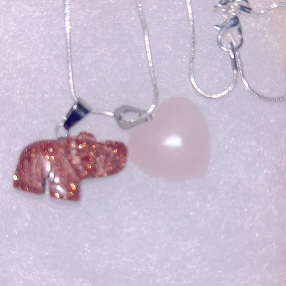 Boho Hippie Rose Quartz Crystal heart & Goldstone Elephant 🐘 16” Silver … - Picture 6 of 6